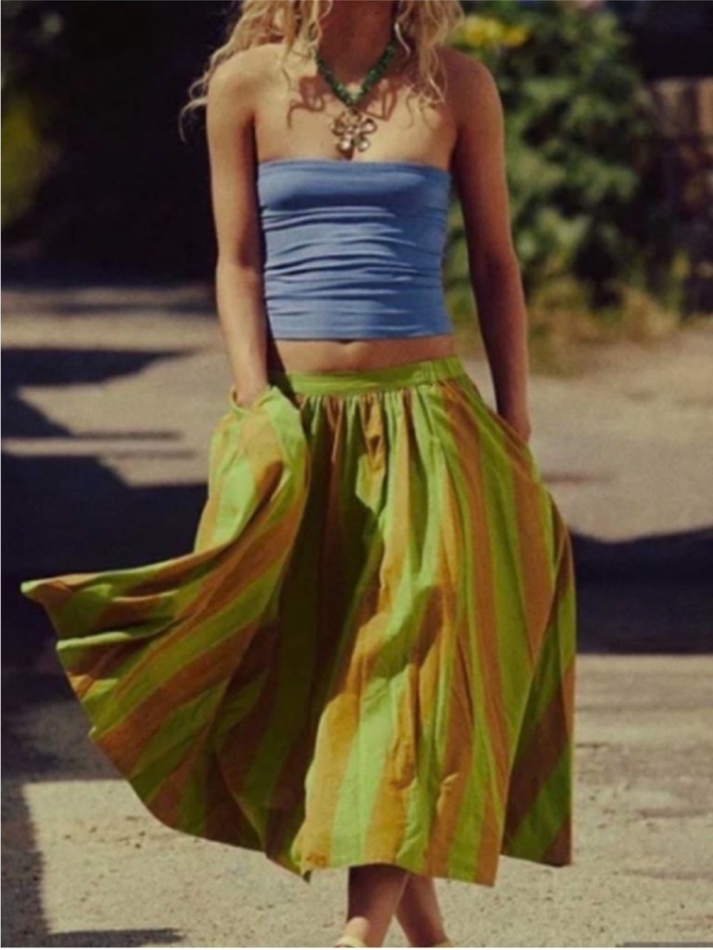 Lowen Striped Green & Tan A-Line Midi Cotton Skirt Size Large NWT